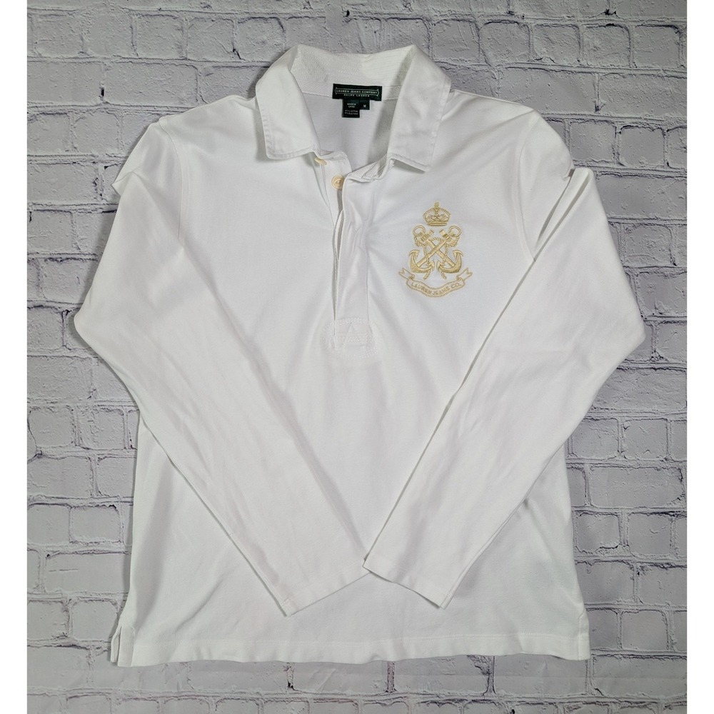 Lauren Ralph Lauren Polo Shirt Womens M Cotton White Long Sleeve Gold Crest
